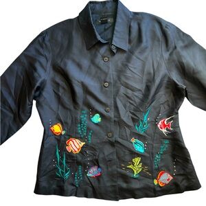 Silkland black silk embroidered fish pattern button up top 3/4 sleeves Sz 14